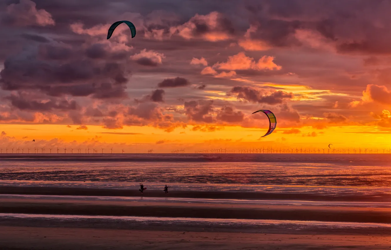 Фото обои beach, sunset, New Brighton, kite surfers