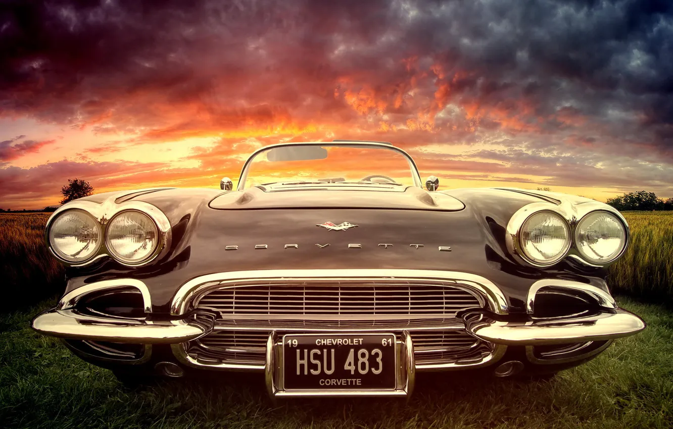 Фото обои car, машина, закат, corvette, раритет, classic, chrome, chrevrolet