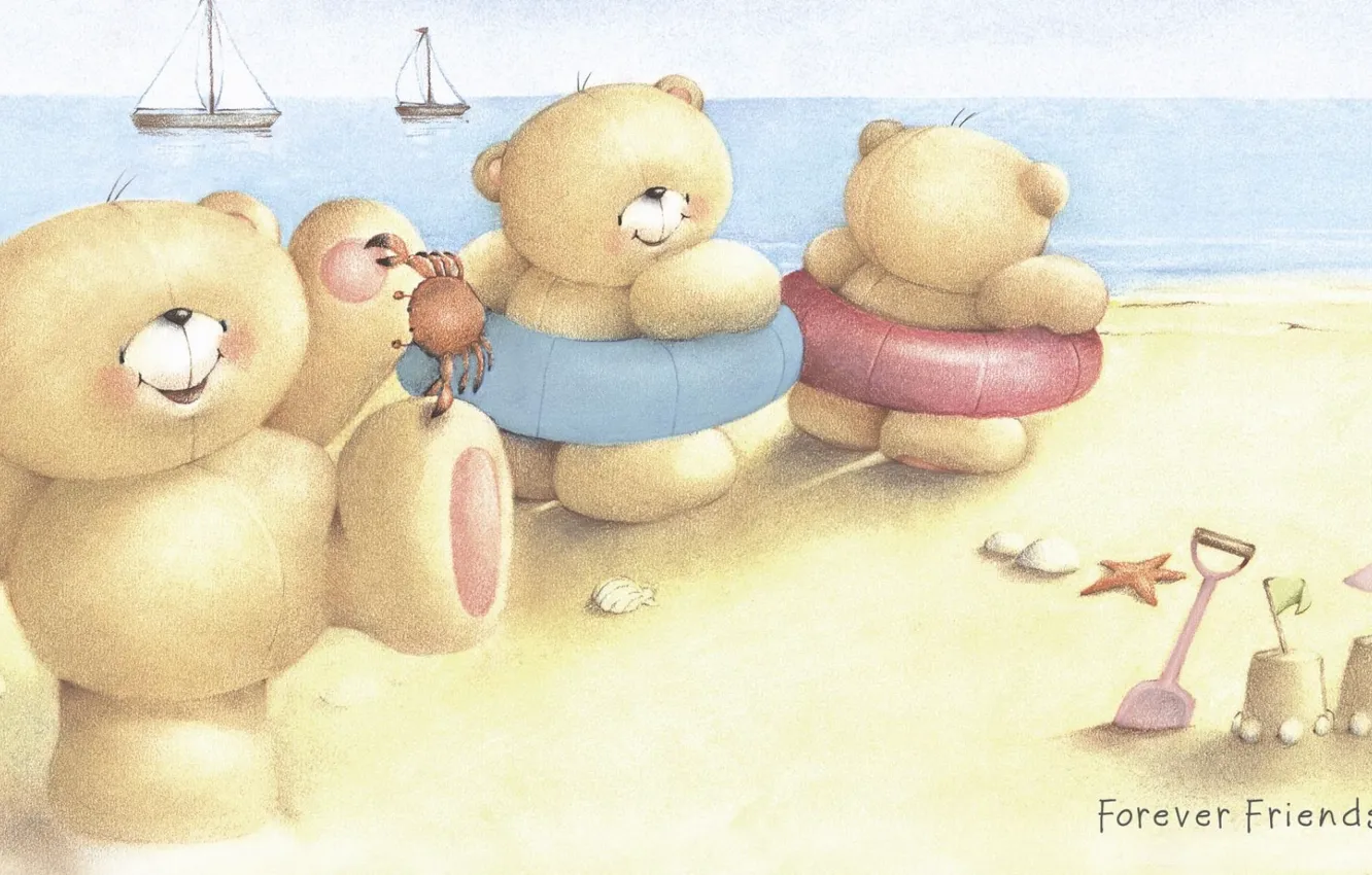 Фото обои море, лето, улыбка, настроение, арт, мишка, детская, Forever Friends Deckchair bear