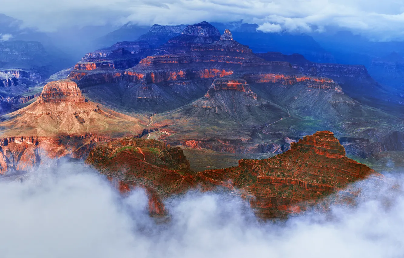 Фото обои облака, горы, скалы, панорама, США, Гранд-Каньон, вид сверху