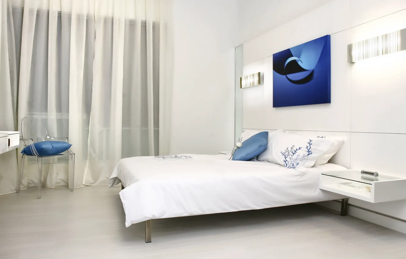 Фото обои белый, синий, комната, кровать, интерьер, спальня