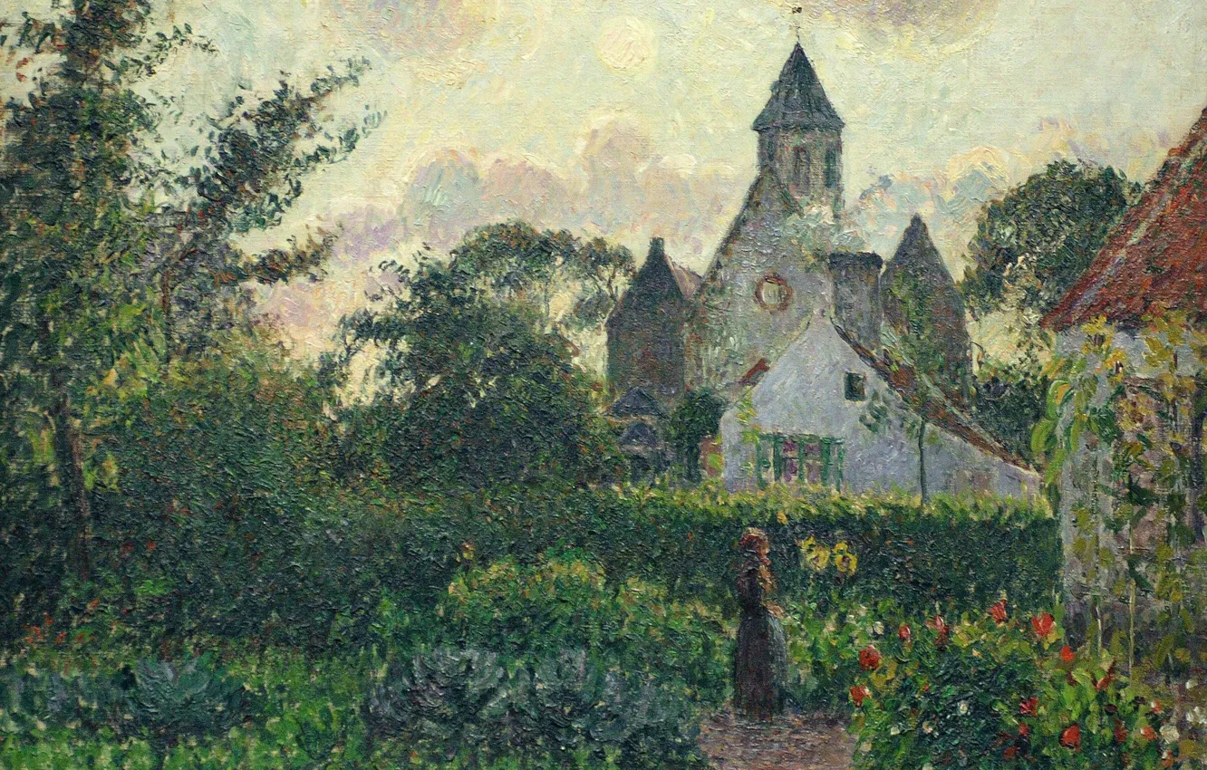 Фото обои пейзаж, картина, сад, Камиль Писсарро, Церковь в Кнокке