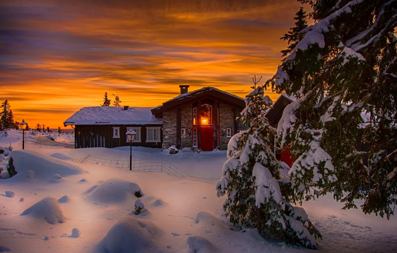 Фото обои зима, небо, снег, пейзаж, природа, дом, house, white