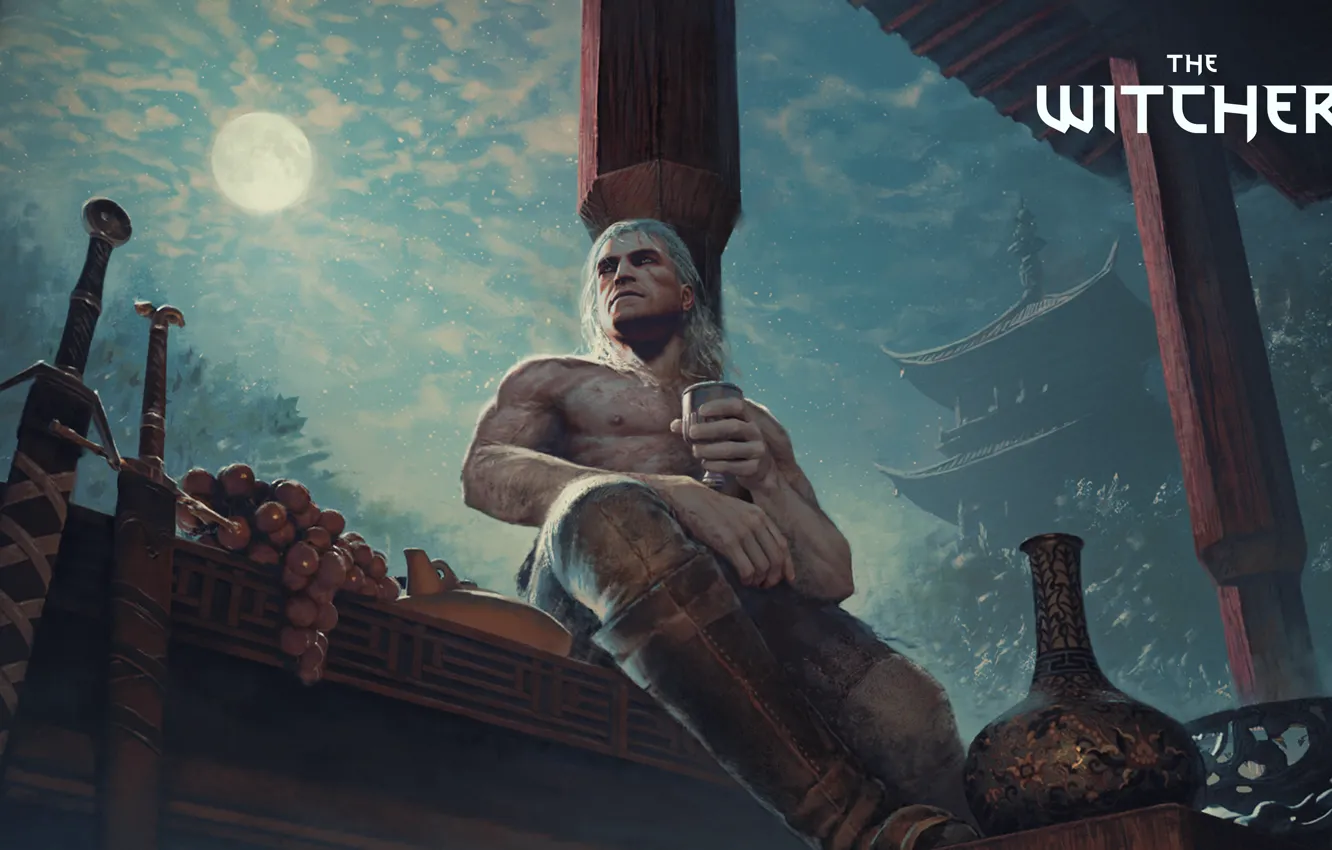 Фото обои Луна, Виноград, Мечи, Ведьмак, The Witcher, Геральт из Ривии, Gwynbleidd, Белый Волк