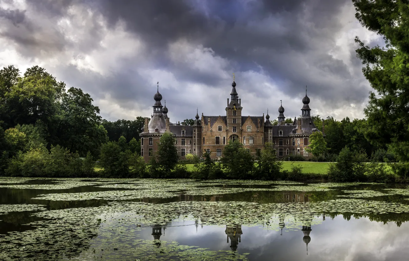 Фото обои деревья, тучи, пруд, парк, замок, Бельгия, Ooidonk Castle