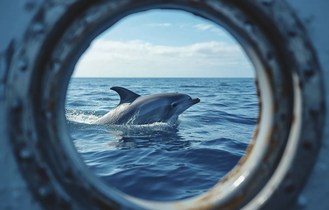 Фото обои море, дельфины, иллюминатор, цифровое искусство, ИИ-арт, Искусство искусственного интеллекта, НЕЙРОСЕТЬ