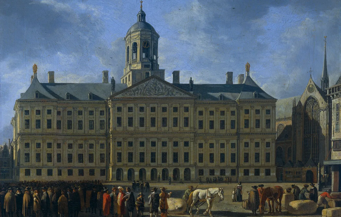 Фото обои масло, картина, холст, городской пейзаж, 1672, Геррит Адриансзон Беркхейде, Gerrit Adriaenszoon Berckheyde, Ратуша на площади …