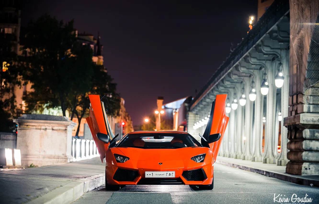 Фото обои ночь, город, огни, Франция, Париж, Lamborghini, Ламборджини, Ламборгини