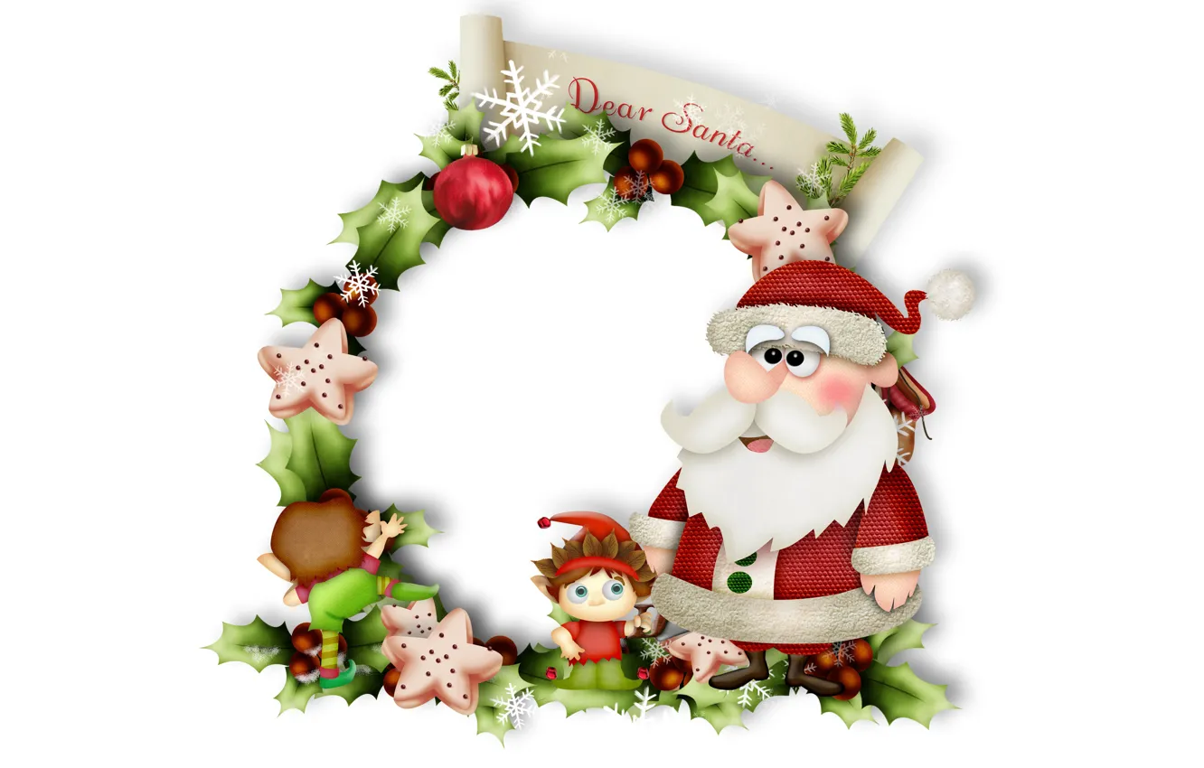 Фото обои шарики, снежинки, ветки, эльфы, Новый год, Санта Клаус, Дед Мороз, хвоя