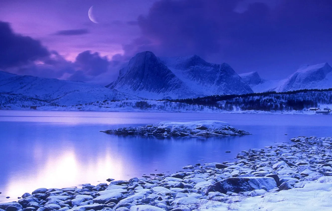 Фото обои зима, вода, снег, горы, луна, Синий