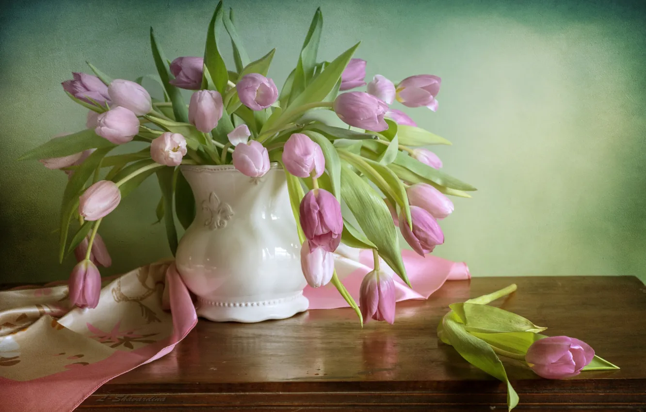 Фото обои розовый, тюльпаны, ваза