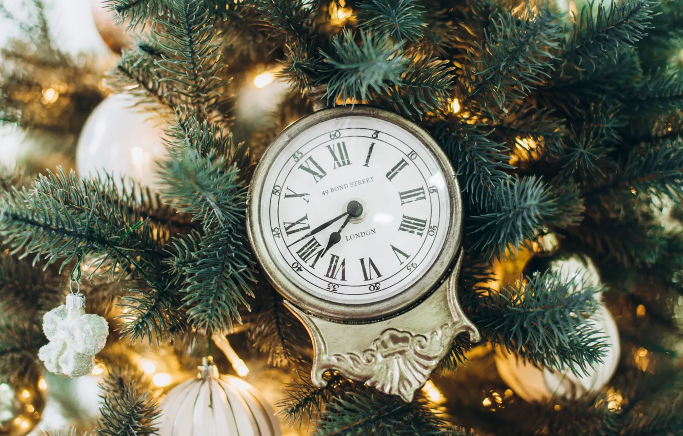 Фото обои украшения, часы, елка, Новый Год, Рождество, Christmas, New Year, decoration