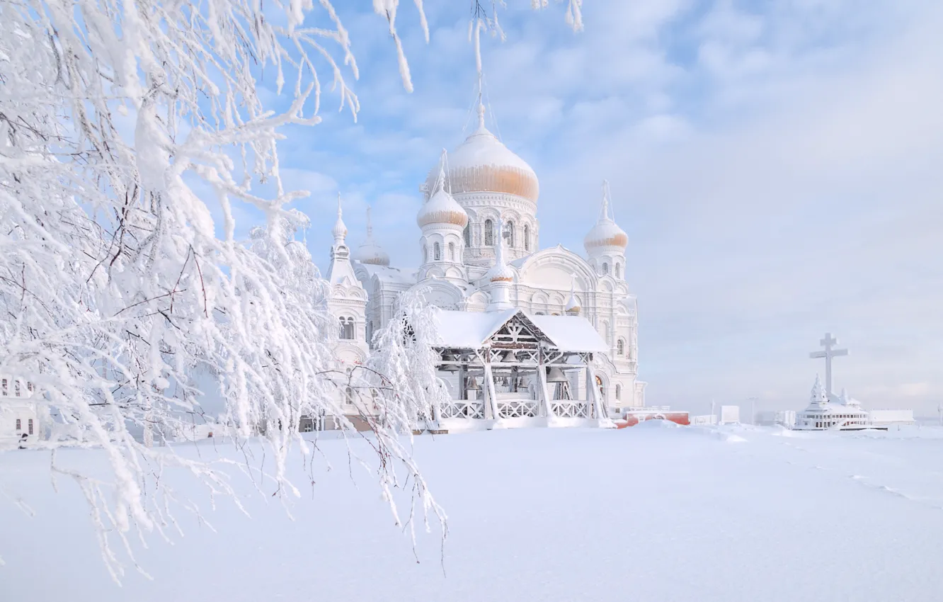 Фото обои зима, снег, пейзаж, природа, дерево, храм, Россия, Пермский край