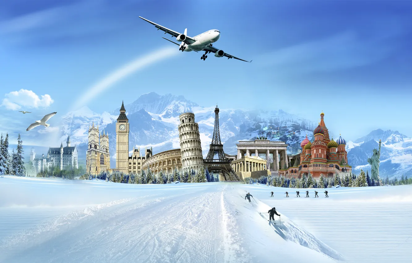 Фото обои горы, здания, статуя, лыжники, самолёт, пиза, сабор, Зима.снег