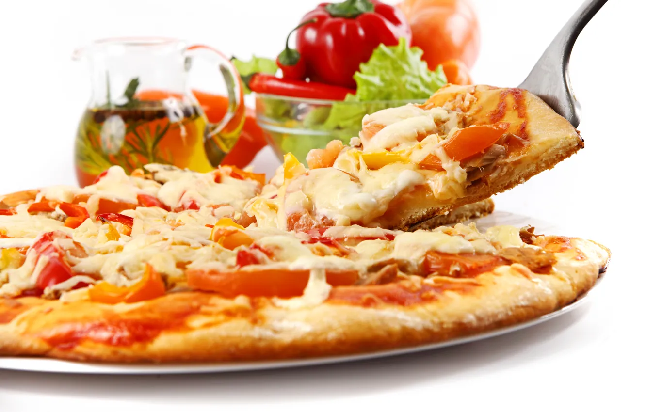 Фото обои сыр, пицца, помидор, cheese, Fast food, pepper, tomato, Pizza