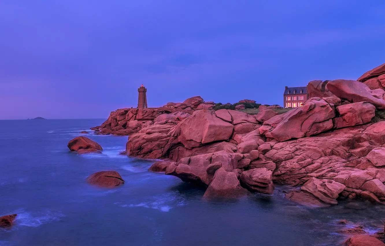 Фото обои камни, скалы, побережье, маяк, домик