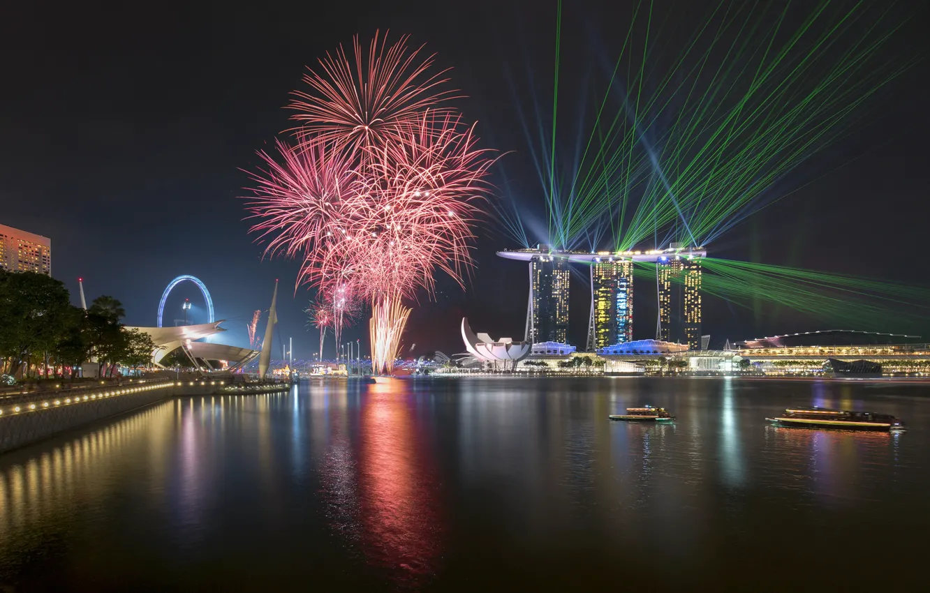 Фото обои lights, огни, небоскребы, салют, Сингапур, архитектура, мегаполис, blue