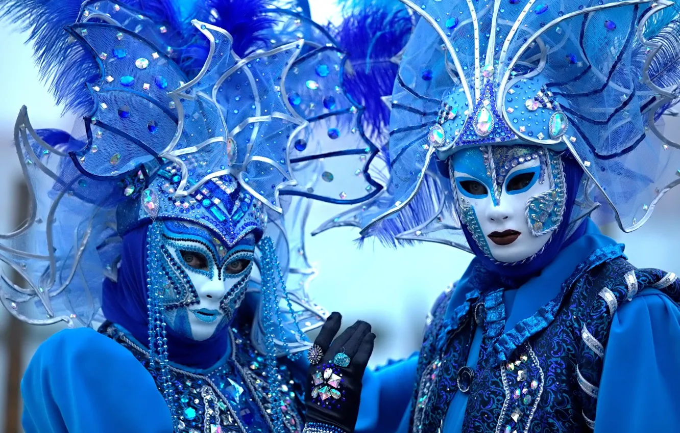 Фото обои синий, Венеция, карнавал, маски, костюмы