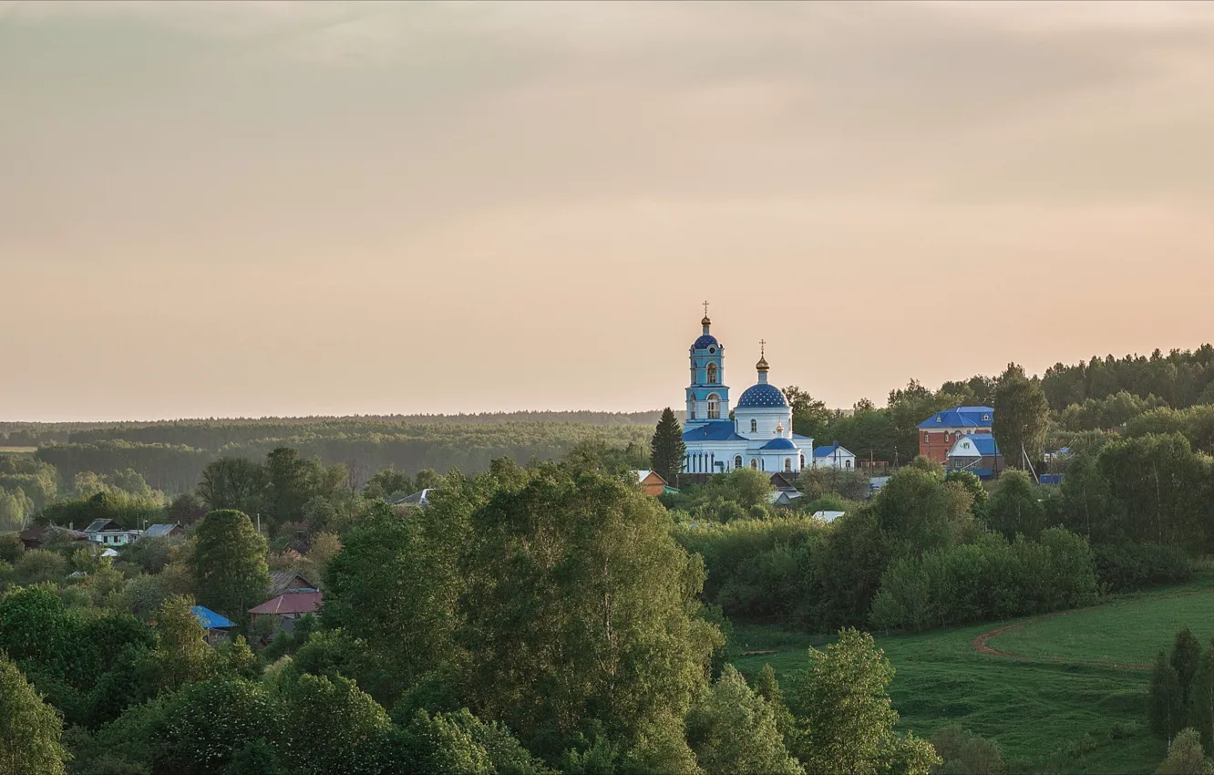 Фото обои лето, пейзаж, природа, село, церковь, Владимир Васильев