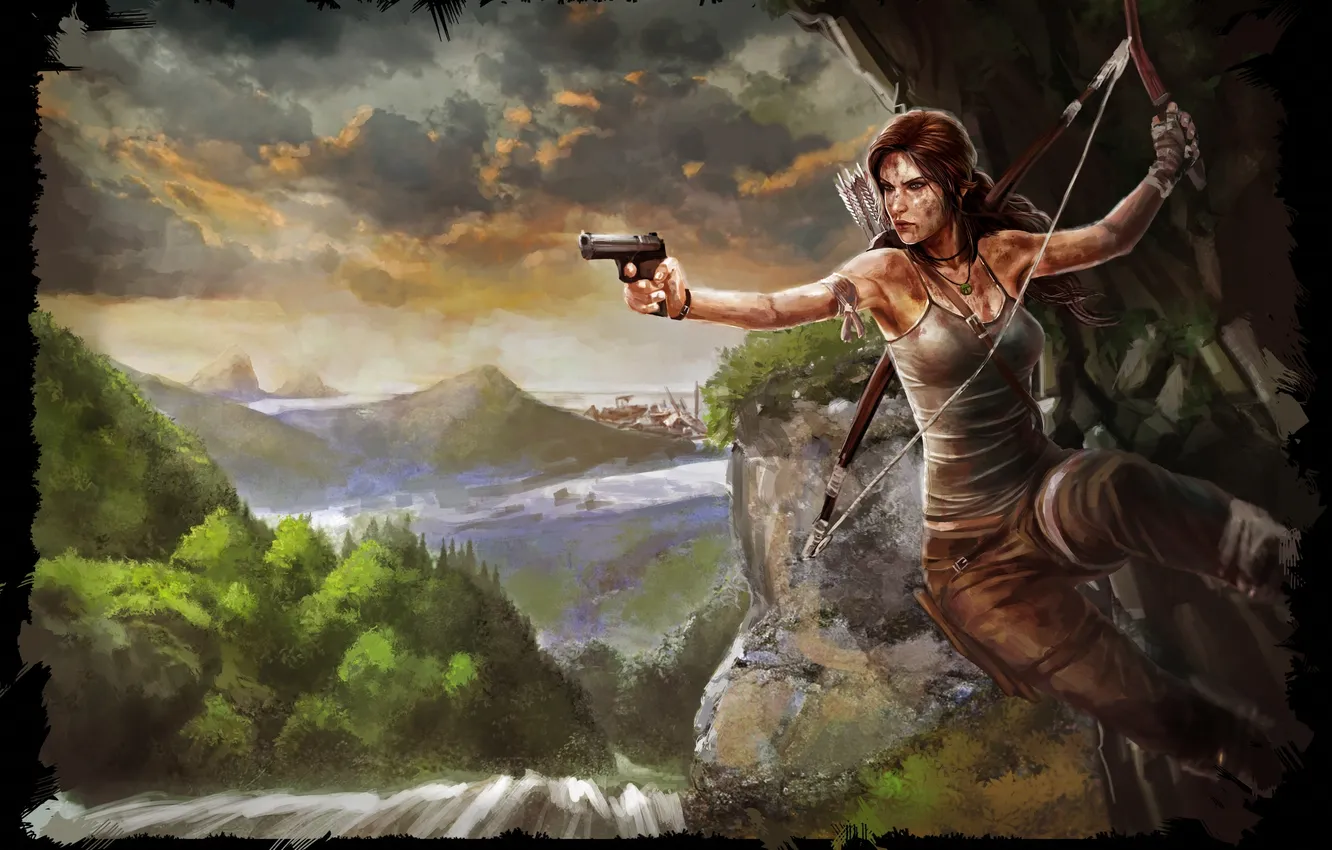Фото обои девушка, пистолет, лук, арт, Tomb Raider, Лара Крофт, Lara Croft