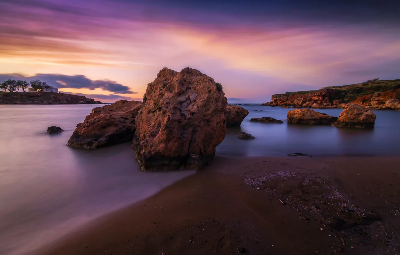 Фото обои море, камни, скалы, рассвет, побережье