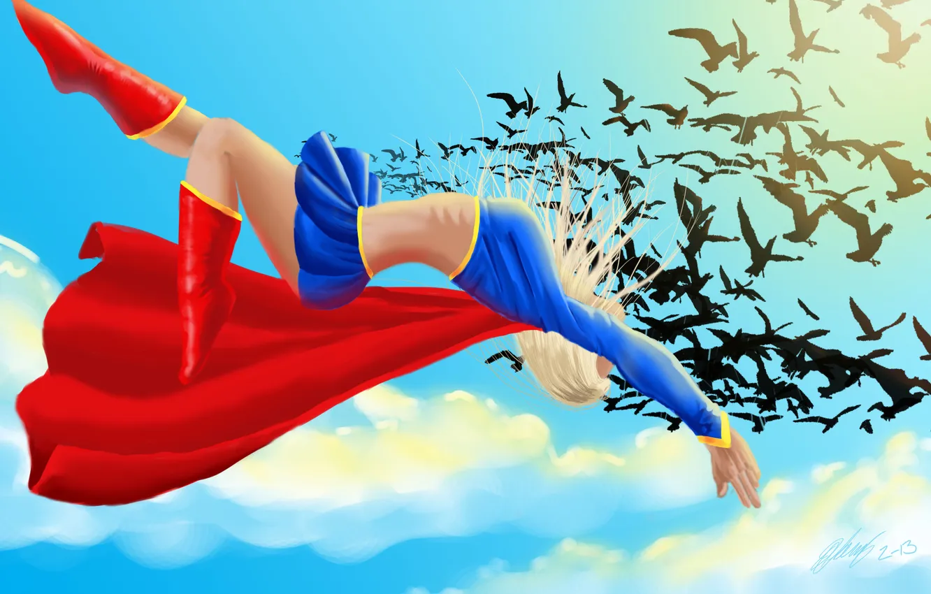 Фото обои небо, полет, птицы, арт, костюм, плащ, DC Comics, Supergirl