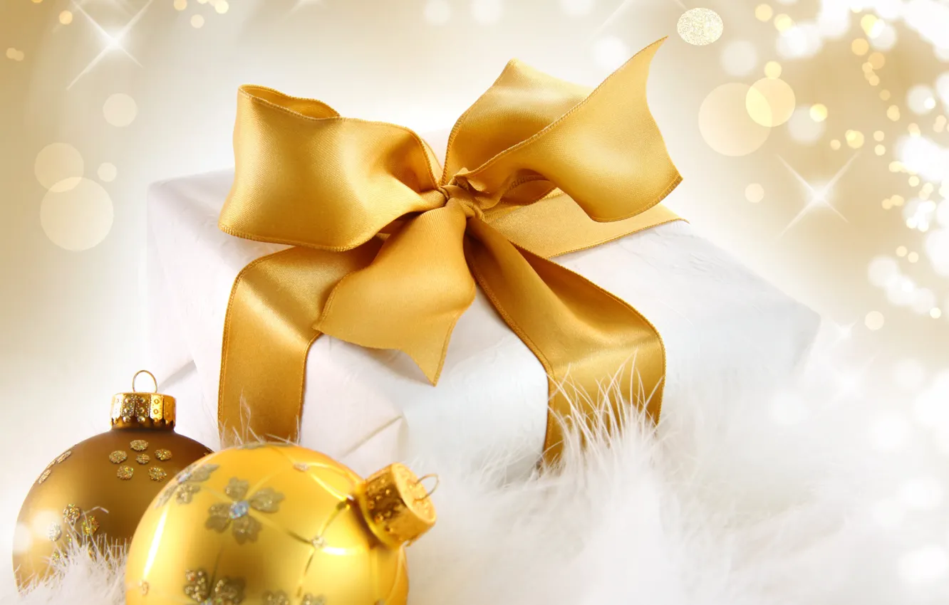 Фото обои шарики, золото, праздник, коробка, подарок, шары, блестки, Новый Год