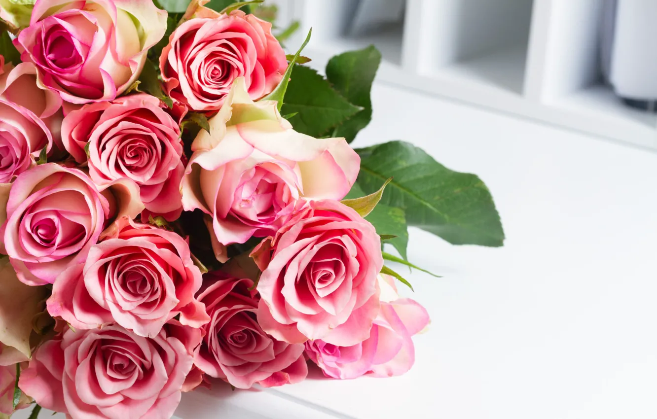 Фото обои розы, букет, лежит, розовые, светлый фон