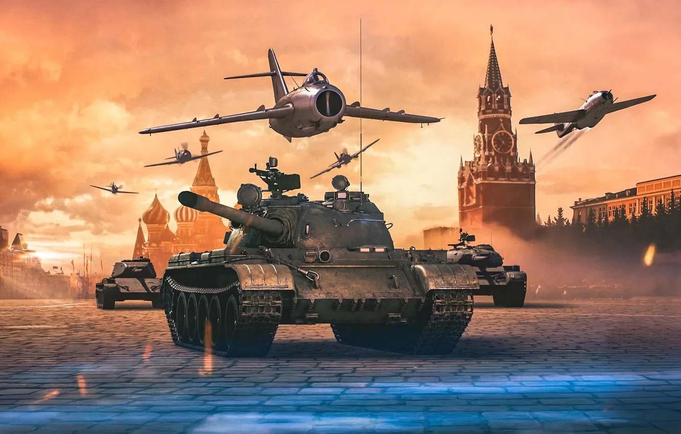 Фото обои Игра, Самолеты, Брусчатка, Москва, СССР, Красная площадь, Танки, Game