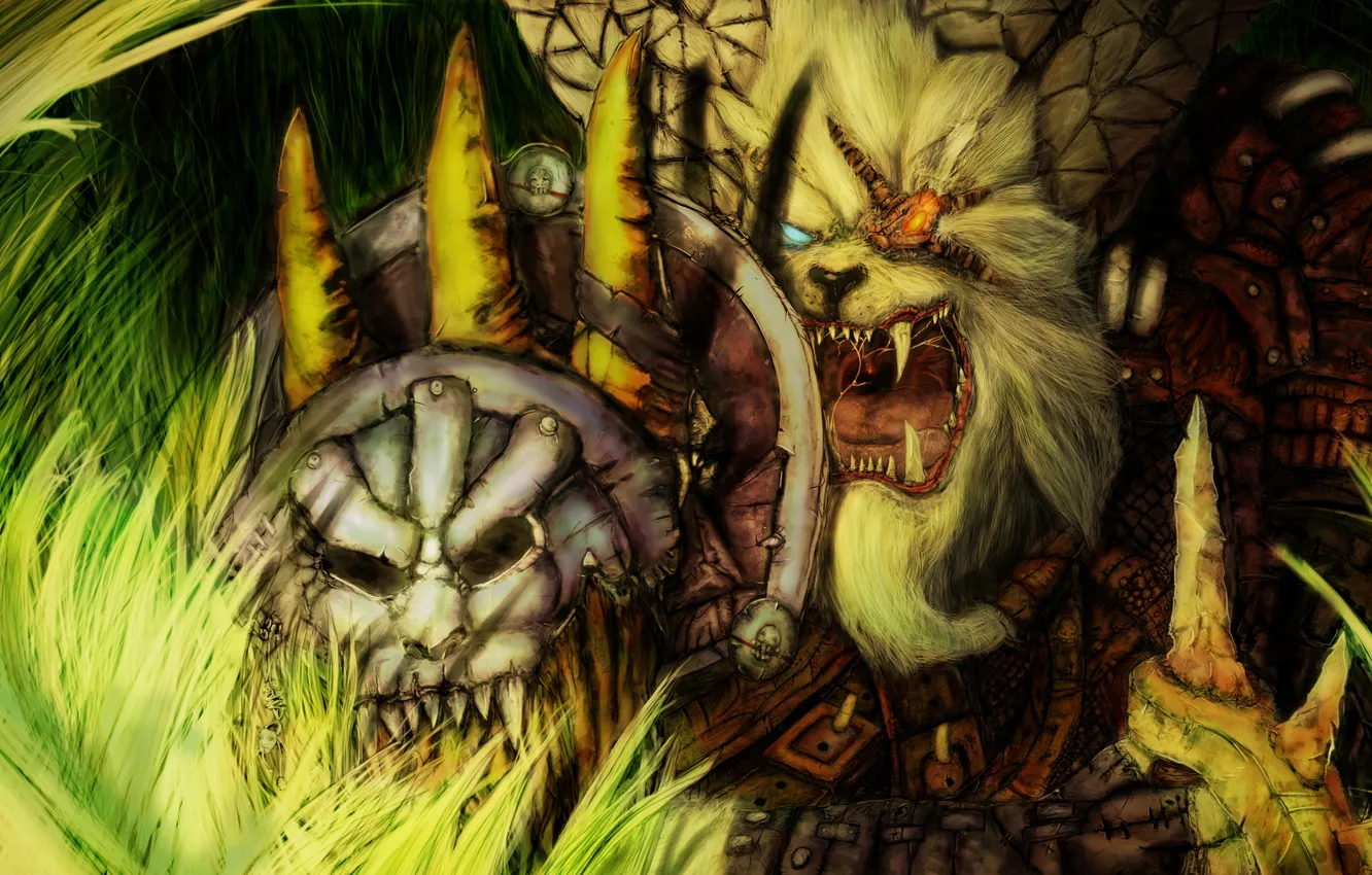 Фото обои трава, глаз, воин, арт, пасть, клыки, щит, league of legends
