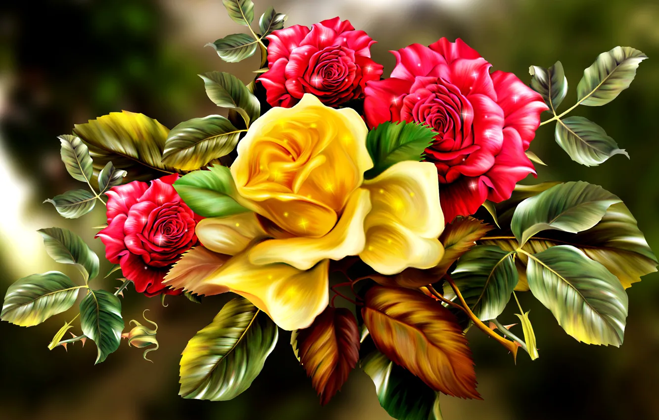 Фото обои листья, цветы, коллаж, розы, букет