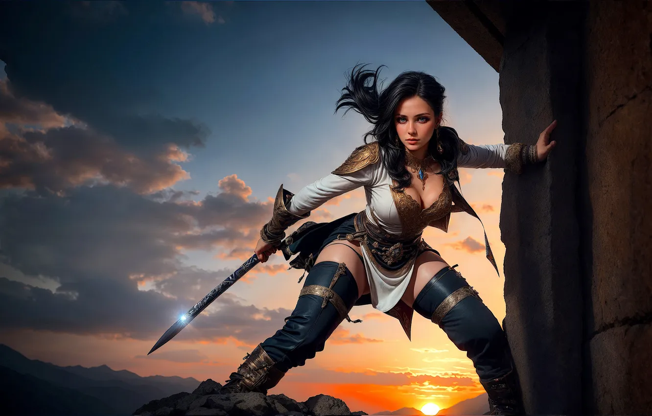 Фото обои girl, sword, fantasy, cleavage, sunset, blue eyes, brunette, digital art