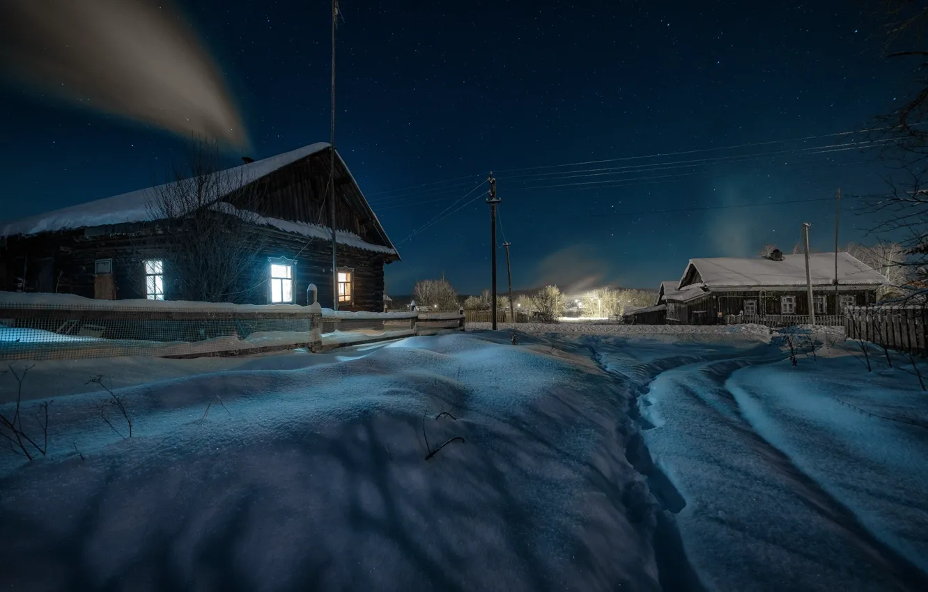 Фото обои зима, снег, пейзаж, ночь, природа, село, дома, звёзды