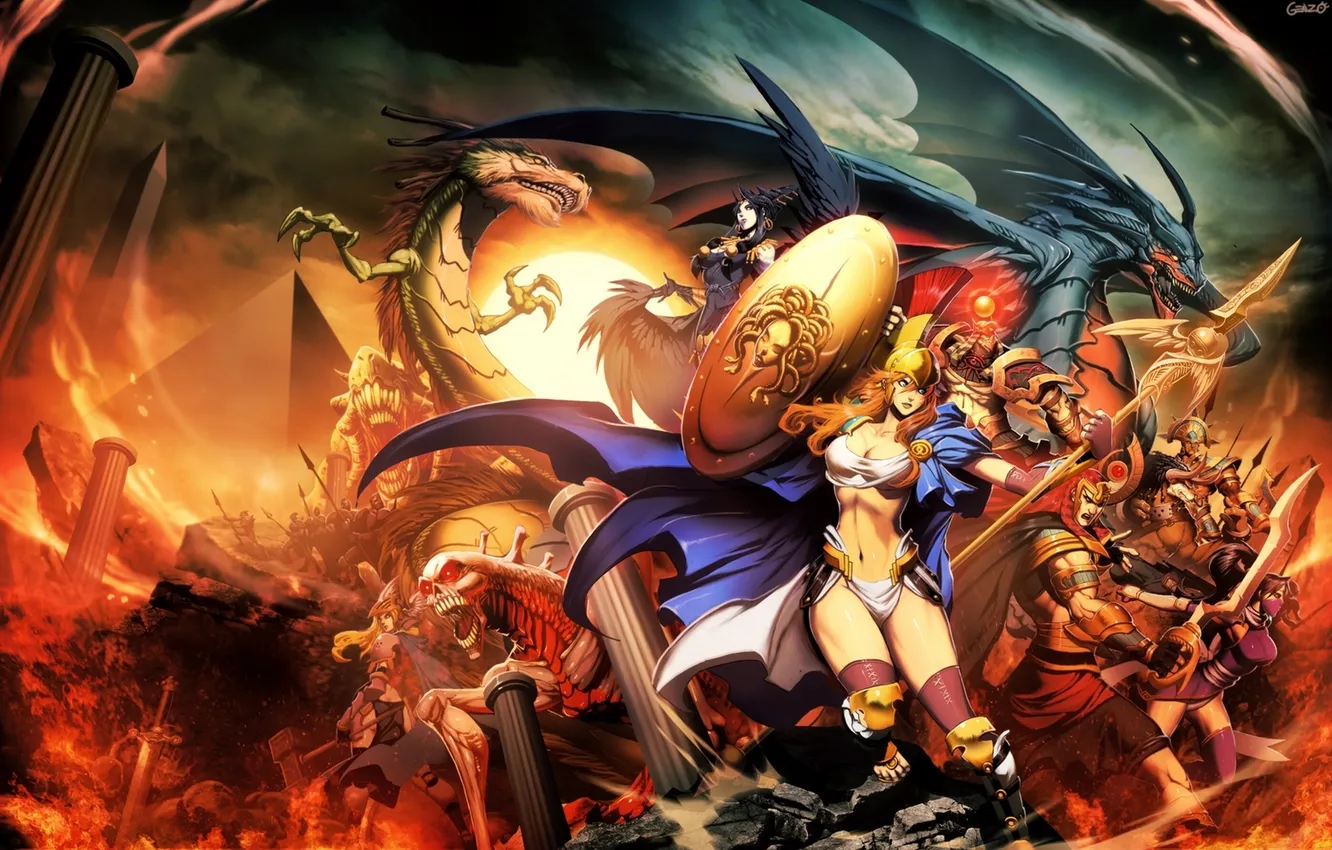 Фото обои девушка, огонь, дракон, доспехи, монстры, колонны, щит, genzoman