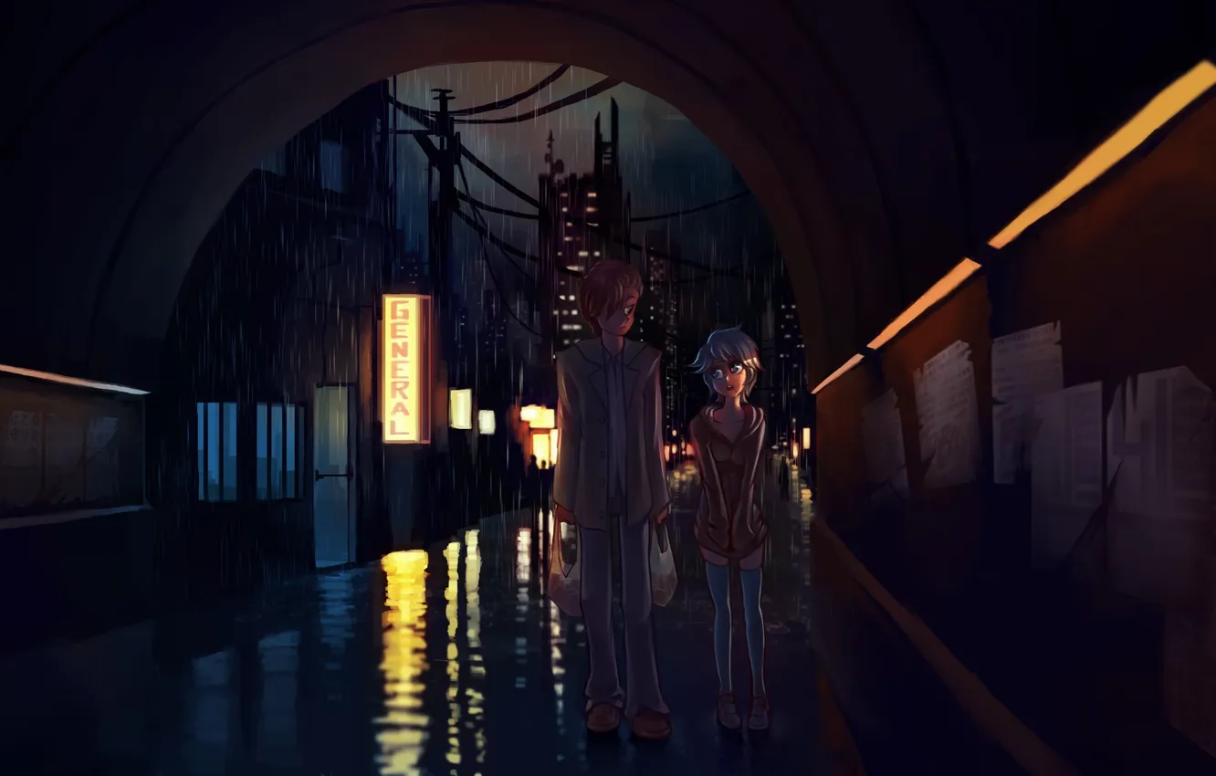 Фото обои девушка, ночь, дождь, тоннель, парень