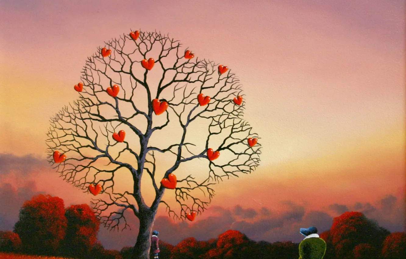 Фото обои дерево, сердца, двое, David Renshaw