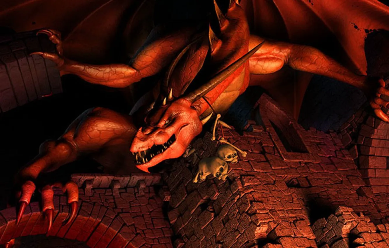 Фото обои red, tower, skulls, dragon