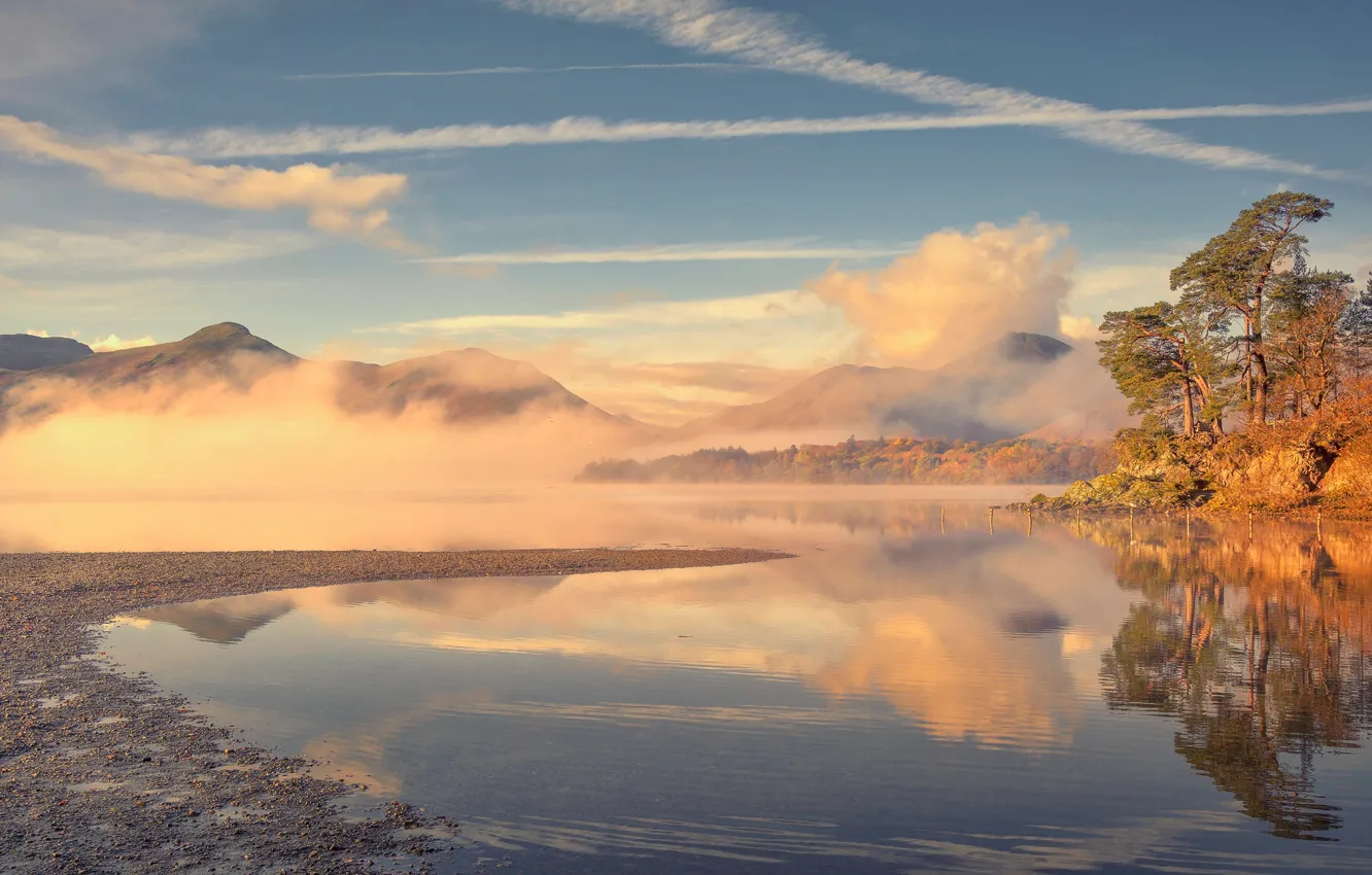 Фото обои осень, туман, озеро, Англия, утро, Камбрия