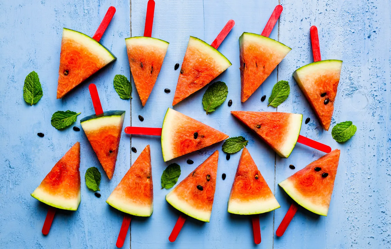 Фото обои Арбуз, мята, mint, Watermelon, дольки семена, slices seeds
