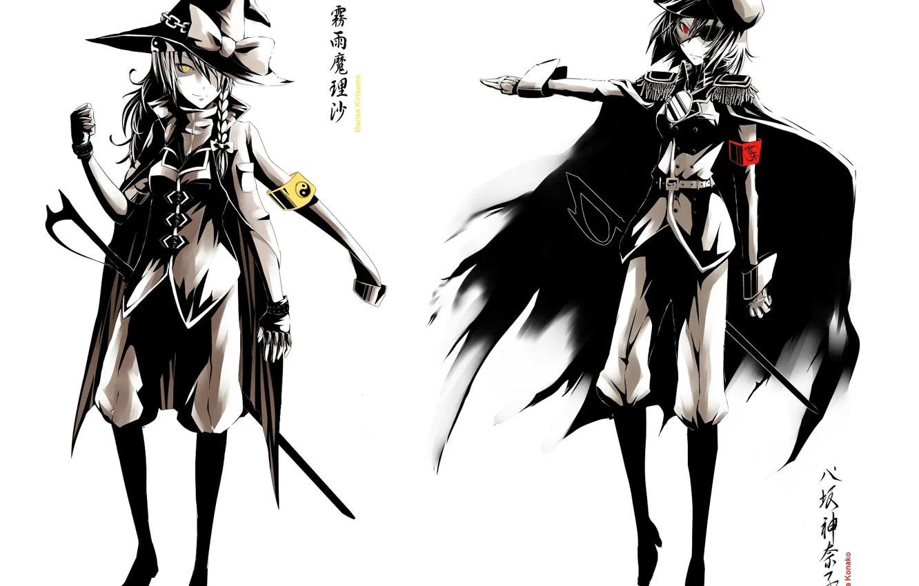 Фото обои военная форма, желтые глаза, сабля, повязка на глаз, черный плащ, мундир, шляпа ведьмы, Touhou Project