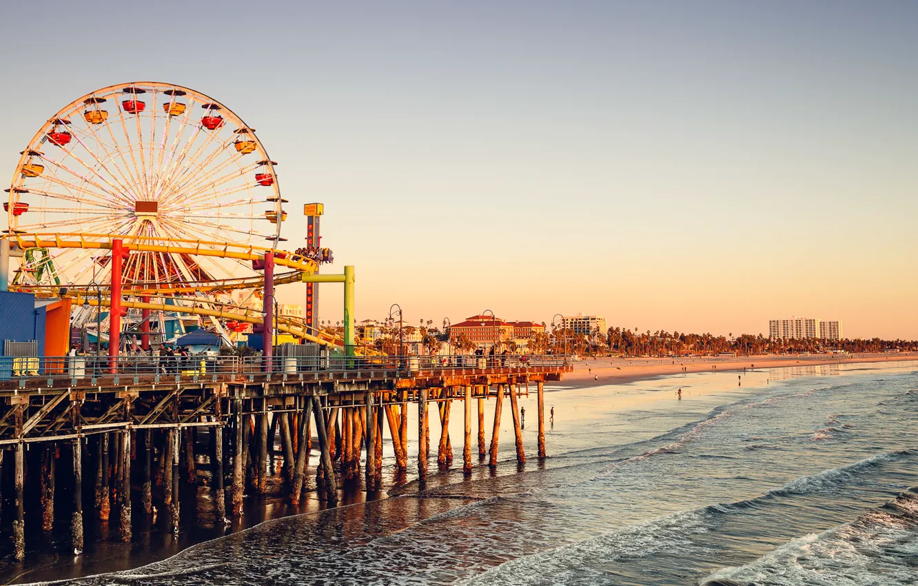 Фото обои волны, пляж, небо, закат, люди, Калифорния, колесо обозрения, Лос-Анджелес