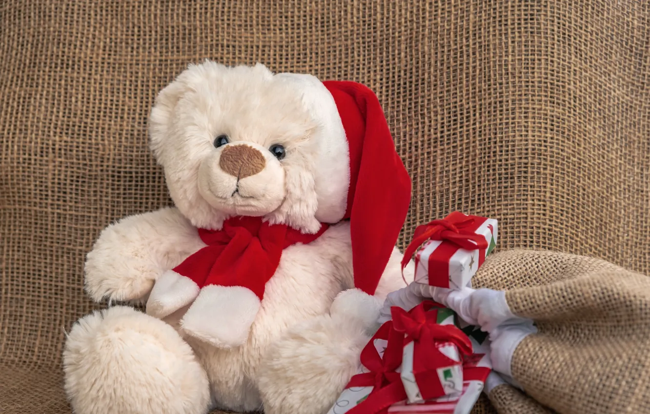 Фото обои зима, белый, праздник, игрушка, медведь, Рождество, мишка, подарки