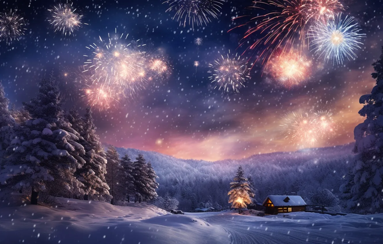 Фото обои зима, снег, ночь, lights, салют, Новый Год, деревня, Рождество