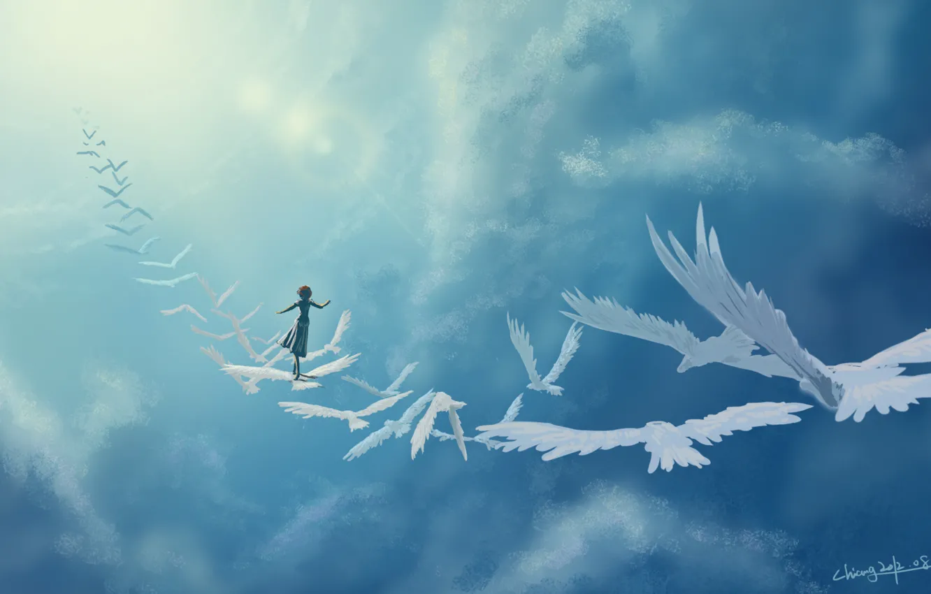 Фото обои девушка, облака, птицы, фантазия, арт, в небе