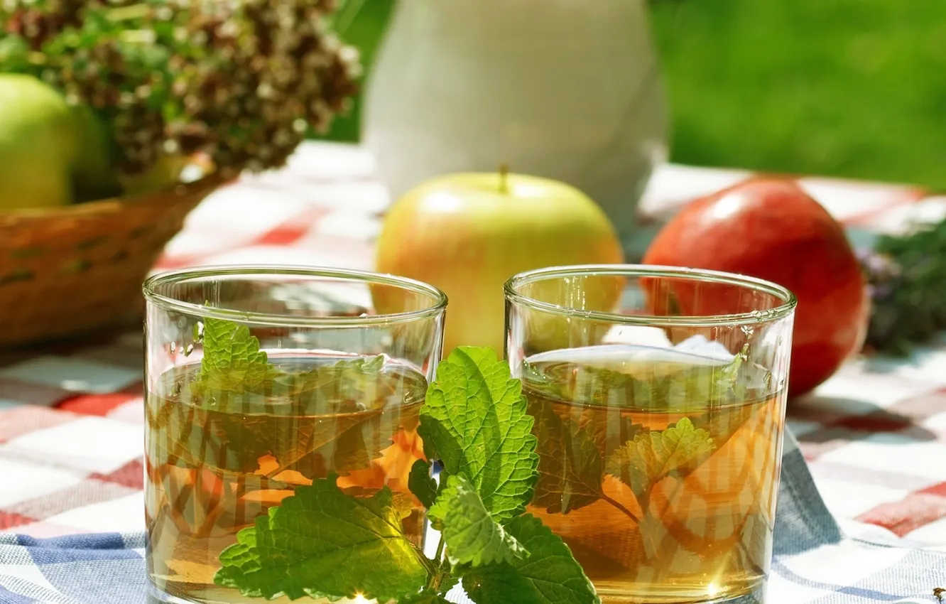 Фото обои чай, яблоки, стаканы, напиток, мята