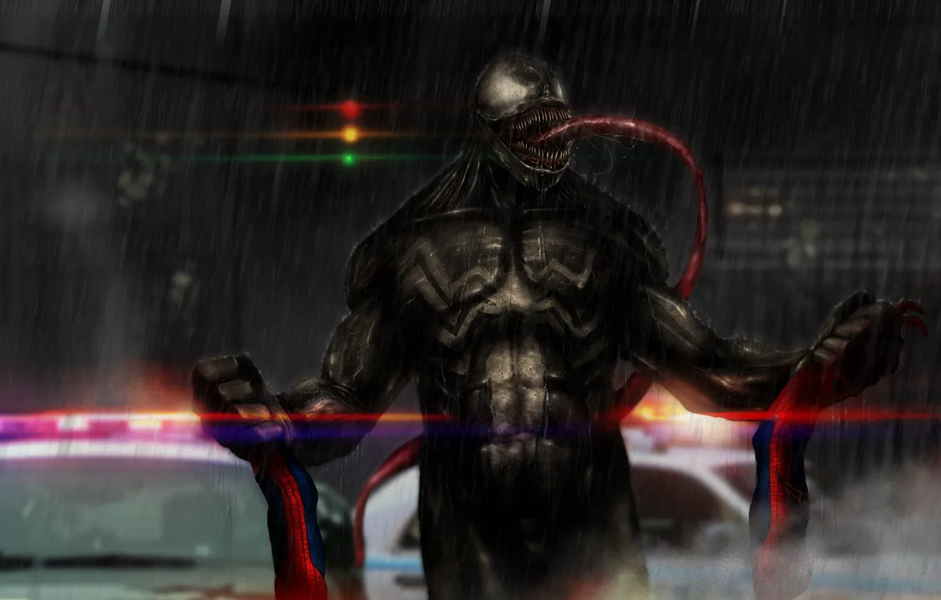 Фото обои язык, дождь, светофор, venom, человек паук