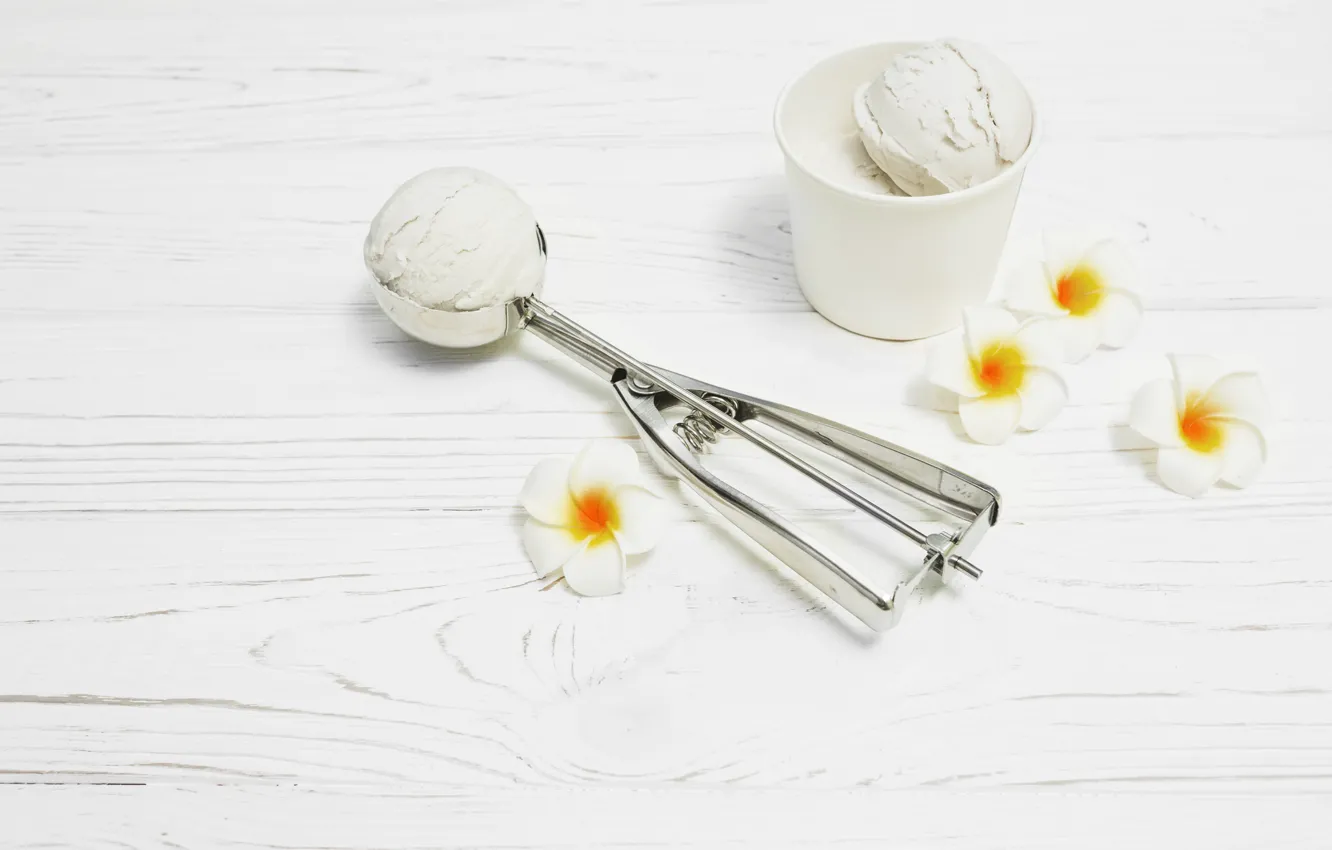 Фото обои мороженое, стаканчик, Flowers, wood, ванильное, Dessert