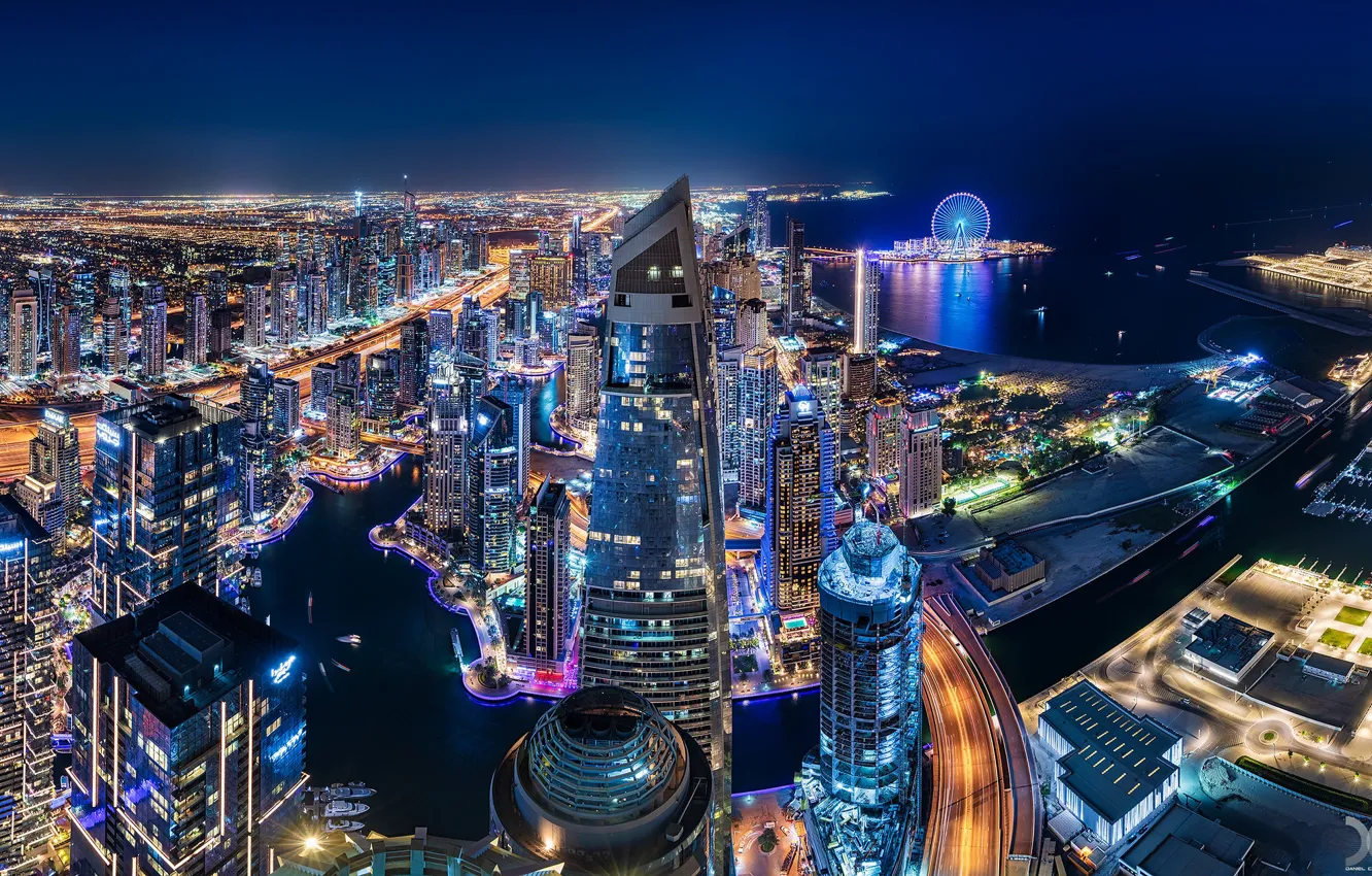 Фото обои здания, дома, панорама, залив, Дубай, ночной город, Dubai, небоскрёбы, ОАЭ, UAE, Дубай Марина, Dubai Marina