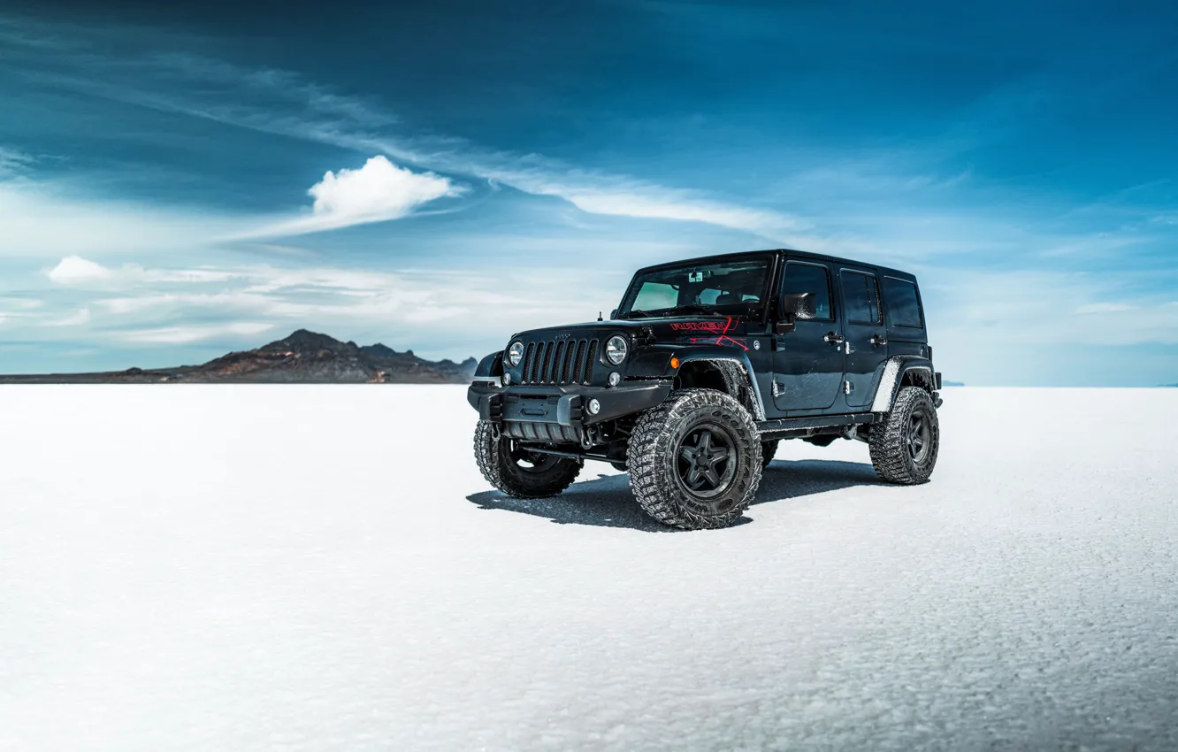 Фото обои Car, Clouds, Sky, Sand, SUV, Wrangler, Jeep, Rocks