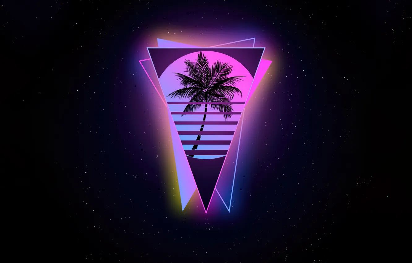 Фото обои Miami, Palm tree, Triangles, Geometric, Black background, Outrun, Neon glow